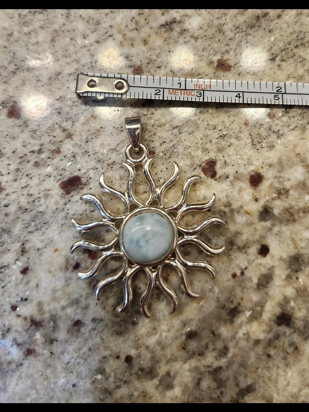 Silver Plated Sunburst Larimar Pendant - Light Blue Gemstone